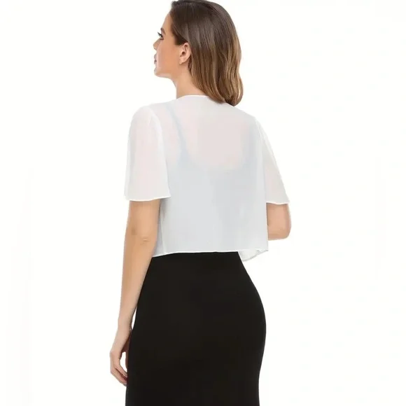 NWOT white Solid Open Front Blouse, Elegant Semi-Sheer Short Sleeve - Picture 5 of 6